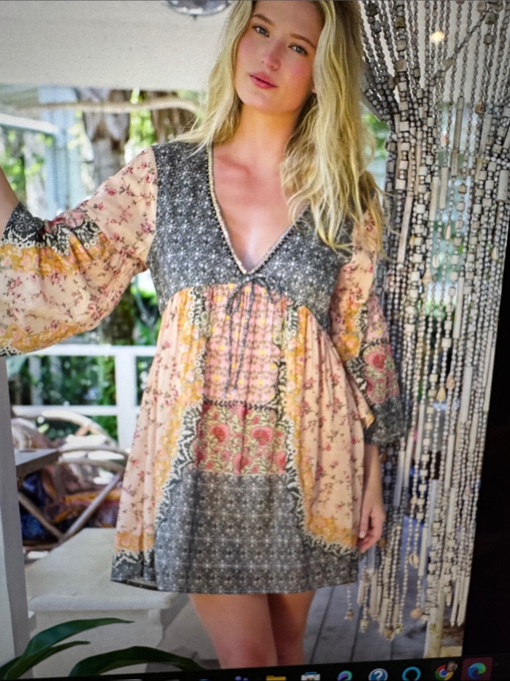 NATURAL LIFE Peach and Gray Floral Patchwork Mini Dress